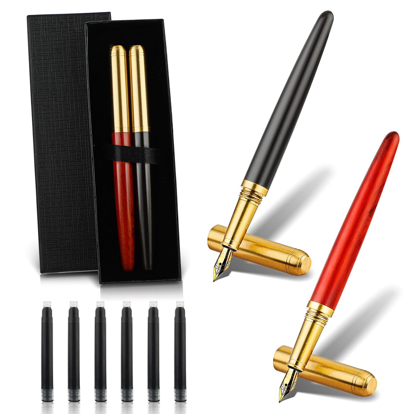 cobee Luxury Wooden Fountain Pen Set, 2 Handcrafted Vintage Wood Fountain Pens with 6 Pcs 2.6 mm Black Ink Cartridges 0.5mm Fine Point Business Pen for Journaling Calligraphy Supplies (A)