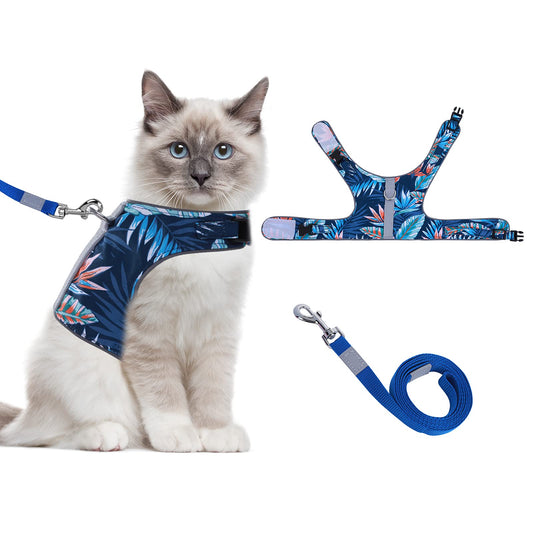 2 Pcs/Set Cat Dog Vest Harness and Leash Set,1 Dog Harness+1 Dog Rope Leash, Pet Step-in Vest Harness with Reflective Strip, Adjustable Soft Padded Dog Vest Leash for Small Dogs,Cats, Puppy, Blue, M