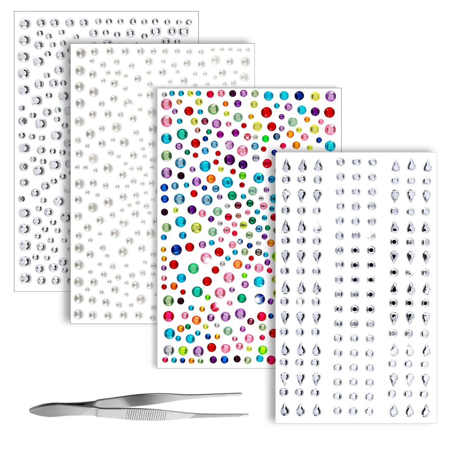 TIESOME 1450+ Eye Face Gems with Tweezer, 4 Sheets Self Adhesive Face Jewels Rhinestones Crystals Stickers Festival Face Jewels Stickers Face Rhinestones for Makeup Makeup Diamonds Stick on Face Gem