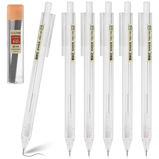 Bewudy 6PCS Mechanical Pencils with 60 PCS HB Refill, 0.5mm Transparent Pen Shell Pencils Novelty Retractable Pencil Aesthetic Artist Pencil Drafting Pencil for Drawing Sketching and Writing