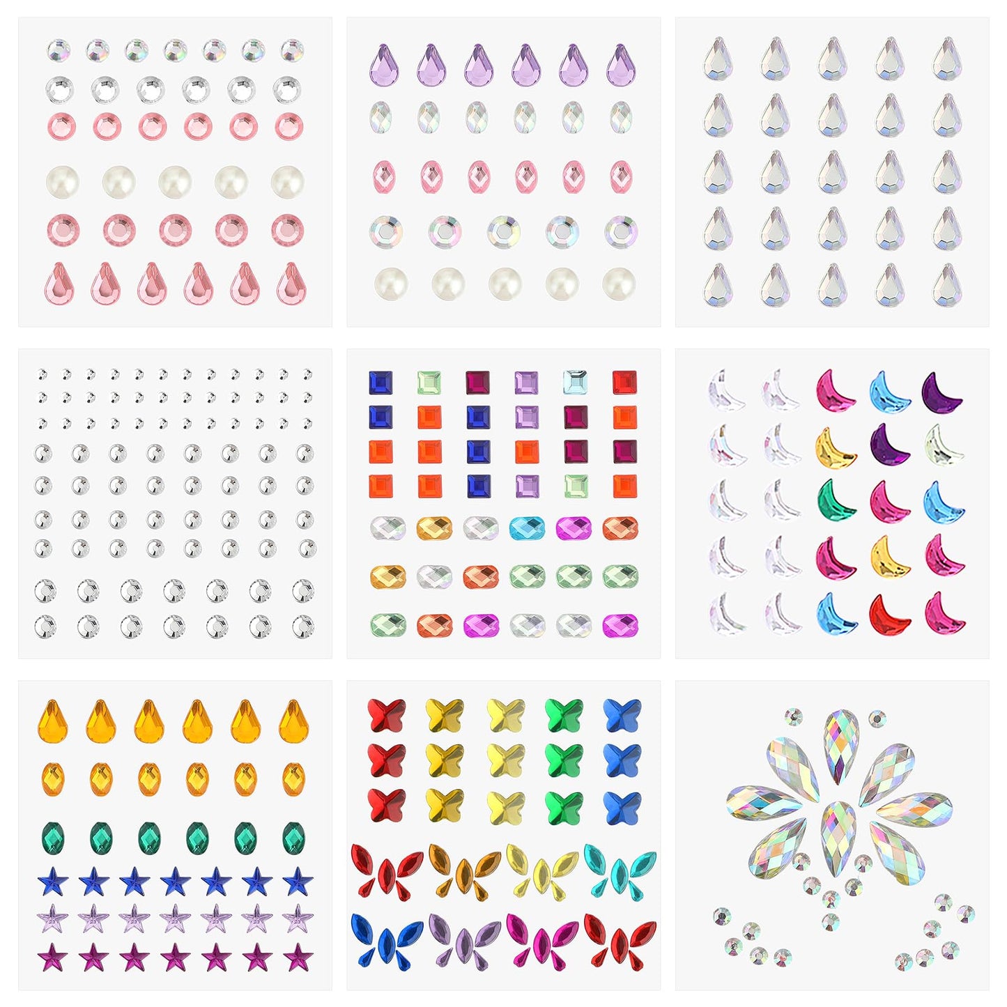 GEEHUA 9 Sheets Self Adhesive Face Gems Stickers, Face Glitter Colorful Jewels Rhinestones For Makeup Hair Gems Hearts Star Stickers For Face Eye Makeup Nail Body Crafts
