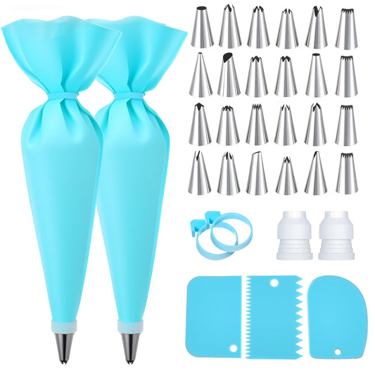 LXUEJIE Piping Bags and Tips Set, Reusable Cake Decorating Supplies with 2 Piping Bags & 24 Icing Tips & 2 Couplers & 3 Scrapers & 2 Silicone Rings Cake Baking Tools for Cookie Icing Cupcakes