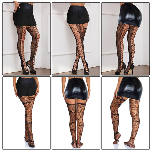 AOZUO Fishnets Garter Stockings, 2 Pairs Thigh High Stockings Garter Suspender Pantyhose Garter Lace Tight for Women, Black, One Size