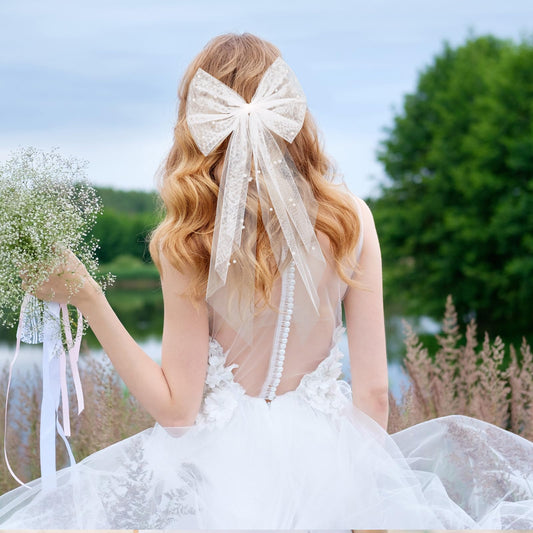 AOZUO Bridal Hair Bow Wedding Veils Pearl Hair Clip Large Hair Headpiece White Lace Hair Accessories Bridesmaid Favors Barrette Bachelorette Party Decorations Bridal Shower Gift