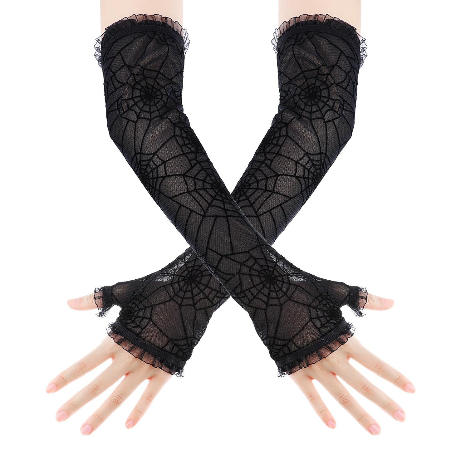 GEEHUA Halloween Spiderman Gloves, Black Witch Fingerless Arm Warmers Gloves Goth Punk Lace Gloves Tulle Mesh Arm Sleeves Witch Accessories Halloween Cosplay Costume Party Dector for Women,1Pair