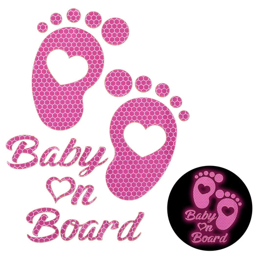 AOZUO Baby On Board Sticker Car, High Intensity Reflective Footprint Car Safety Sticker, Waterproof Baby In Car Warning Sticker for Car Bumper Window (Pink)