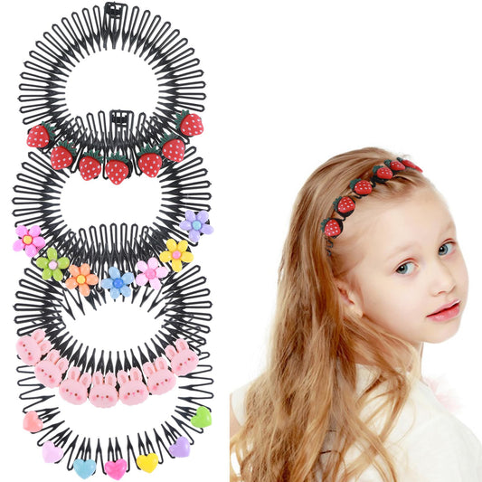 MBAIYO Pack of 4 Cartoon Flowers Hair Bands with Tooth Comb, Non-Slip Hard Plastic Headband, Zigzag Elastic Hair Bands, Full Circular Stretch Comb for Girls, Women, Children