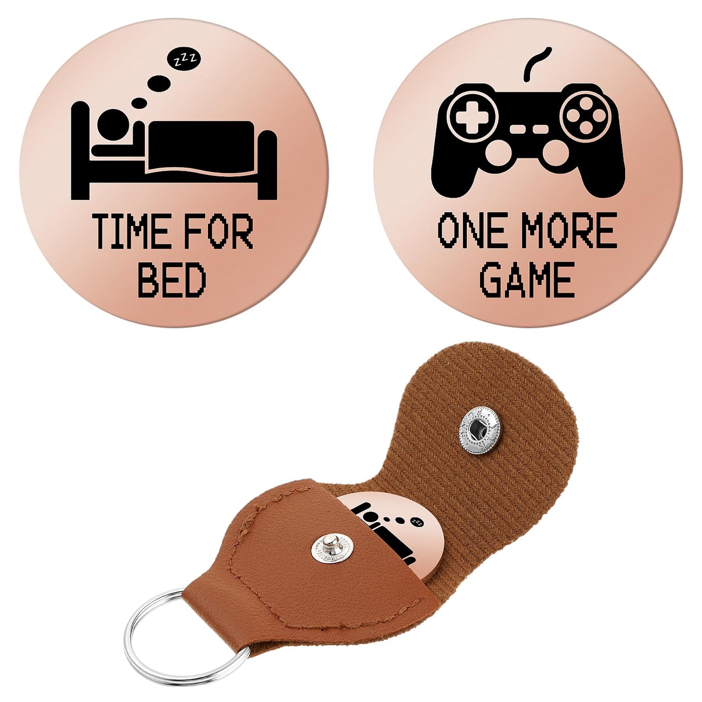 cobee Decision Makers Coin Gifts, Funny Destiny Flip Coins with Leather Keyring One More Game or Go to Bed Gamers Decision stainless Steel Coin for Gamers Boyfriend Teen Son Women Men(Gold)