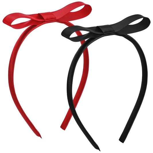HJZHII 2PCS Satin Bow Headbands, Red Bow Headbands Thin Hair Bows Red Black Bows Headband Thin Headband Matilda Costume for Birthday Halloween Christmas Costume Party Cosplay Hair Accessories