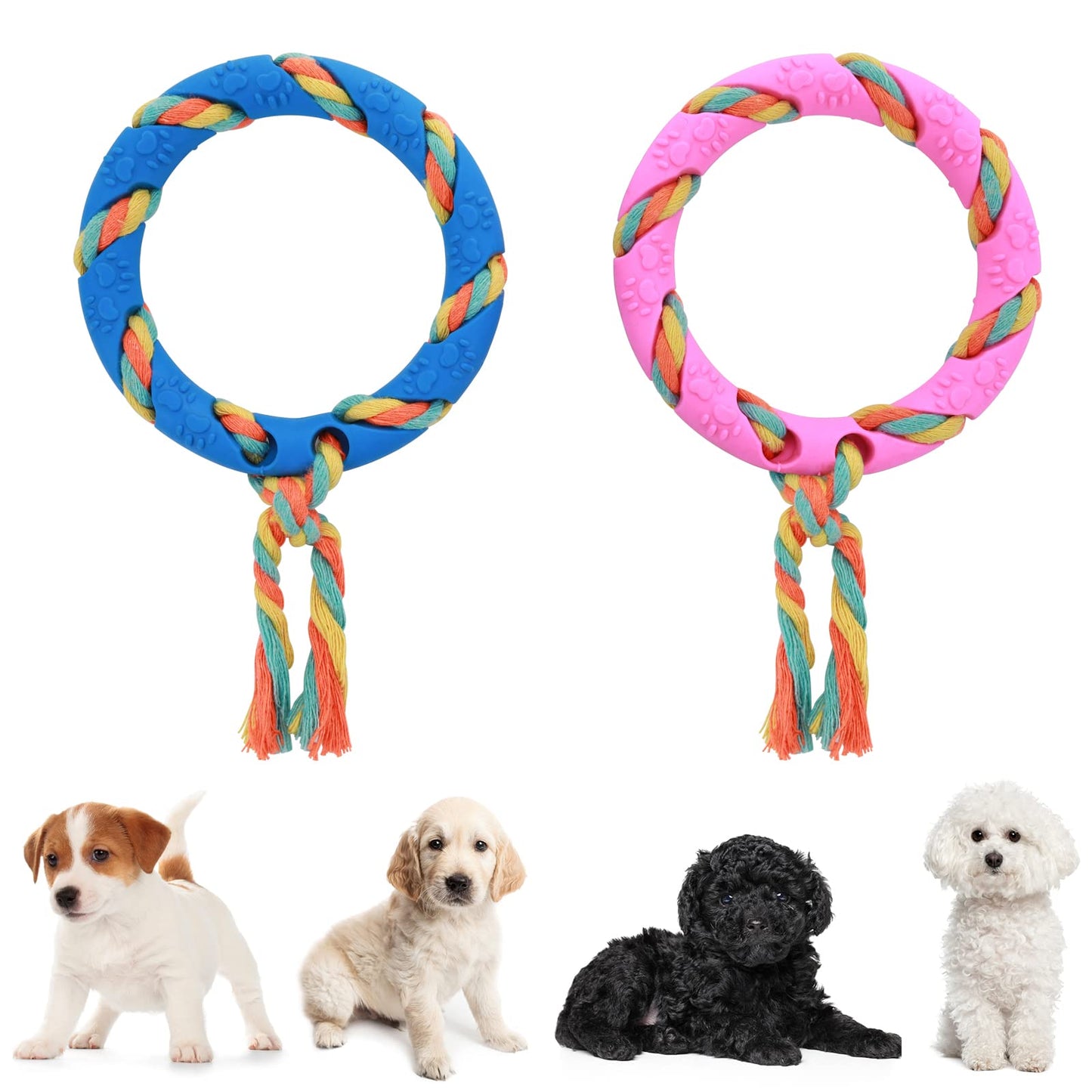 cobee Puppy Teething Toys with Cotton Ropes, 2 Pcs Cute Paw Printing Chew Toys for Dog Oral Teeth Soothe Itching 360° Clean Pet Teeth Interactive Aggressive Chew Ring for Small/Medium Dog(Blue, Pink)