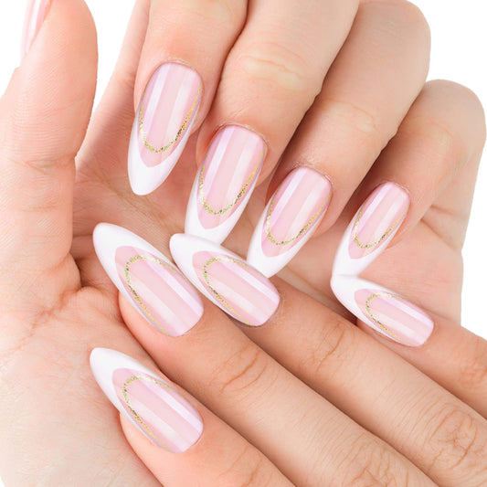 Cobee Almond Press On Nails, 24 Pieces Nude French Tip Gold Foil Glitter Fake Nails with 24 Jelly Glue, And 1 Nail File Set For Stick On Nails For Women Wedding Art Decorations(A)