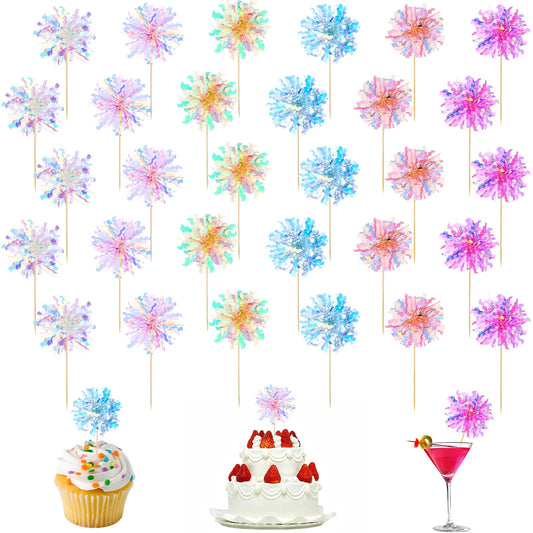 Giantree Firework Cupcake Toppers, Foil Frill Toothpicks Cake Decorations Sparkle Tinsel Cupcake Toppers Cocktail Food Fruit Pick Firework Party Picks for Happy Birthday Cake Decoration Party Supplies