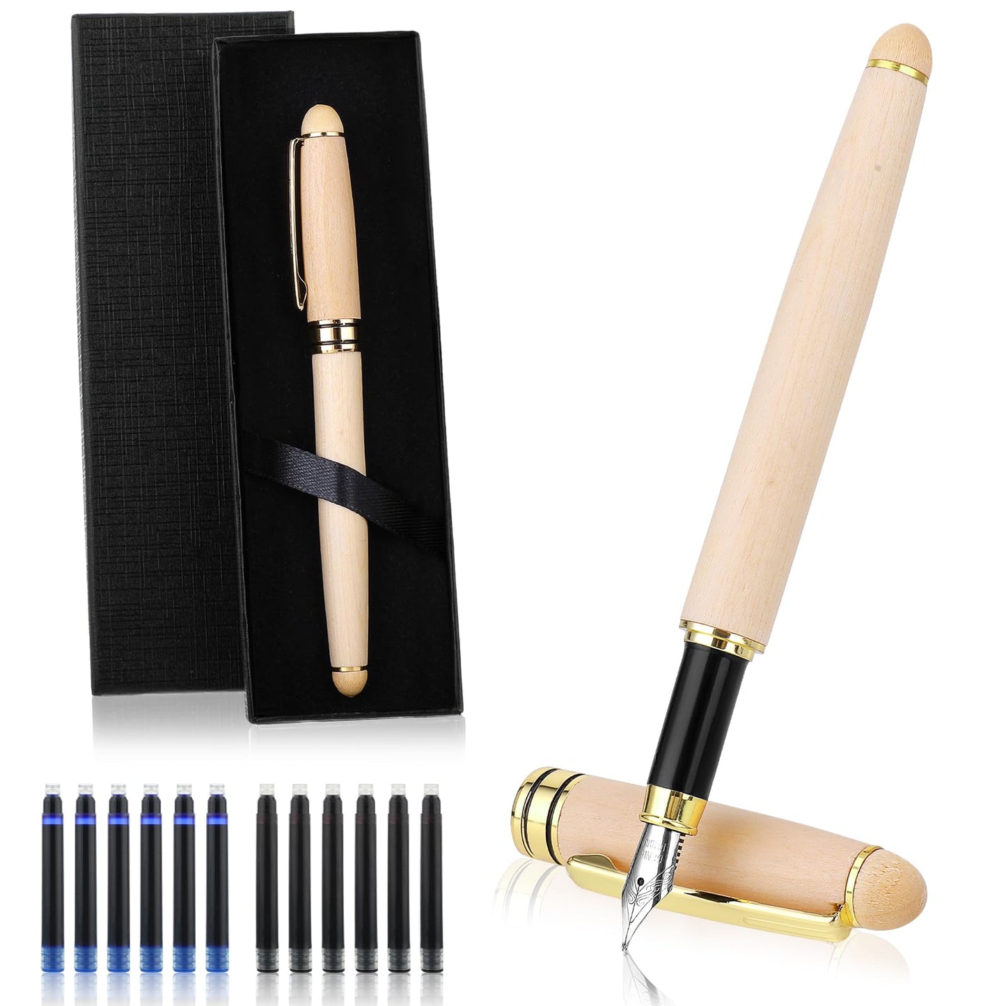 cobee Wooden Fountain Pen Set, Handcrafted Fine Nib Bamboo Fountain Pens with 12 2.6 mm Ink Cartridges Vintage Luxury Fancy Pen for Calligraphy Journaling Writing Gift