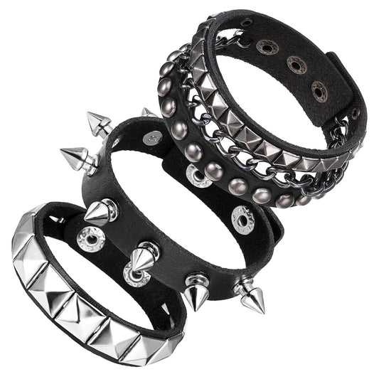 Giantree Punk Rock Leather Bracelets, 3 Pcs Punk Rock Studded Bracelet Spiked Leather Cuff Bracelet for Men Women 80s Wristband Adjustable Wrap Wrist Cuffs for Halloween Party Favors