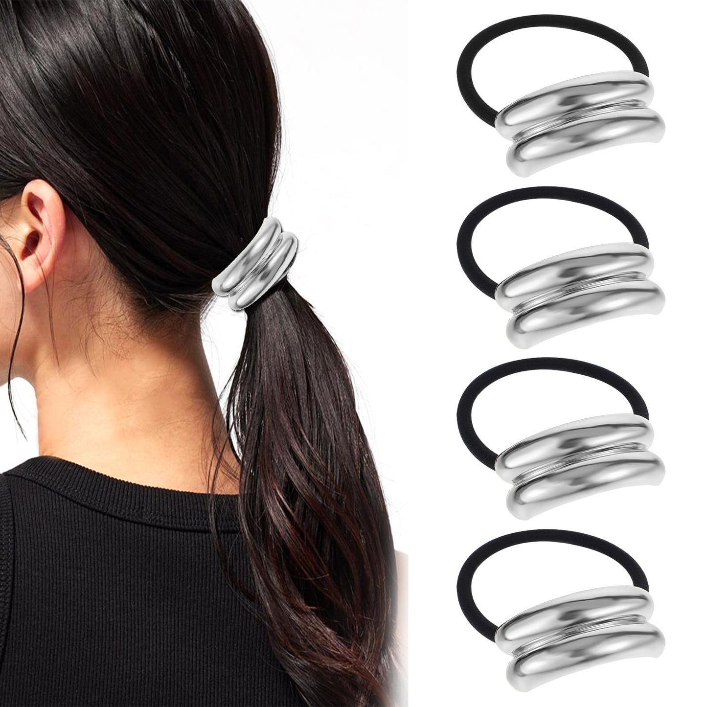 Yuanchu Pack of 4 Metal Hair Cuffs, Ponytail Hair Clip, Silver Hair Scrunchie, Fashion Elastic Hair Band, Elegant Hair Accessories, Headpiece for Women and Girls