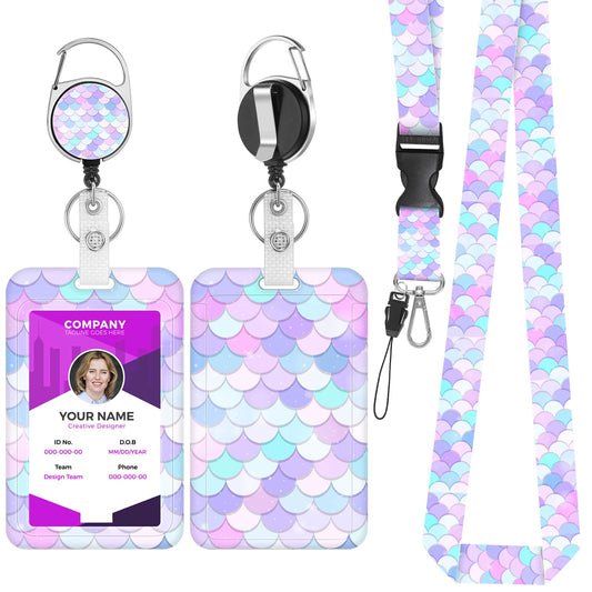 Amabro Fish Scales ID Badge Holder with Retractable Lanyard, Portable Card Holder with Reels Clip and Detachable Lanyard Name Card Protector for Women Nurse Teacher Student(Blue-Purple)