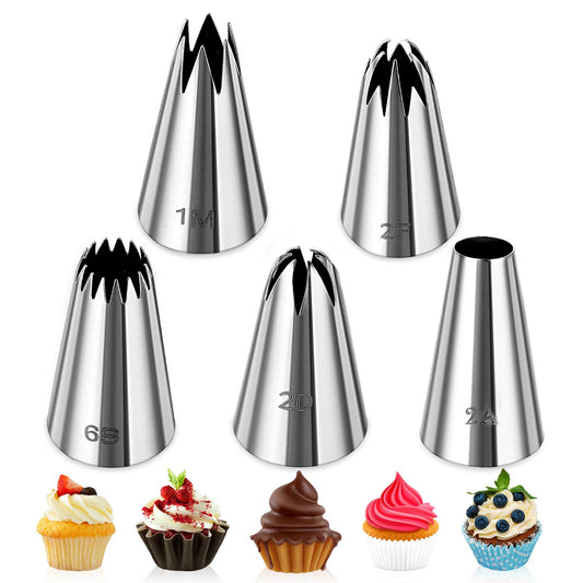 Giantree 5 Pcs Large Piping Tips Set, Stainless Steel Cake Piping Kit Cake Piping Nozzles Tips for Decoration DIY Icing Tool 1M 6B 2A 2D 2F Baking Tools Decorating Tips for Cream Cupcake Cookie Decor