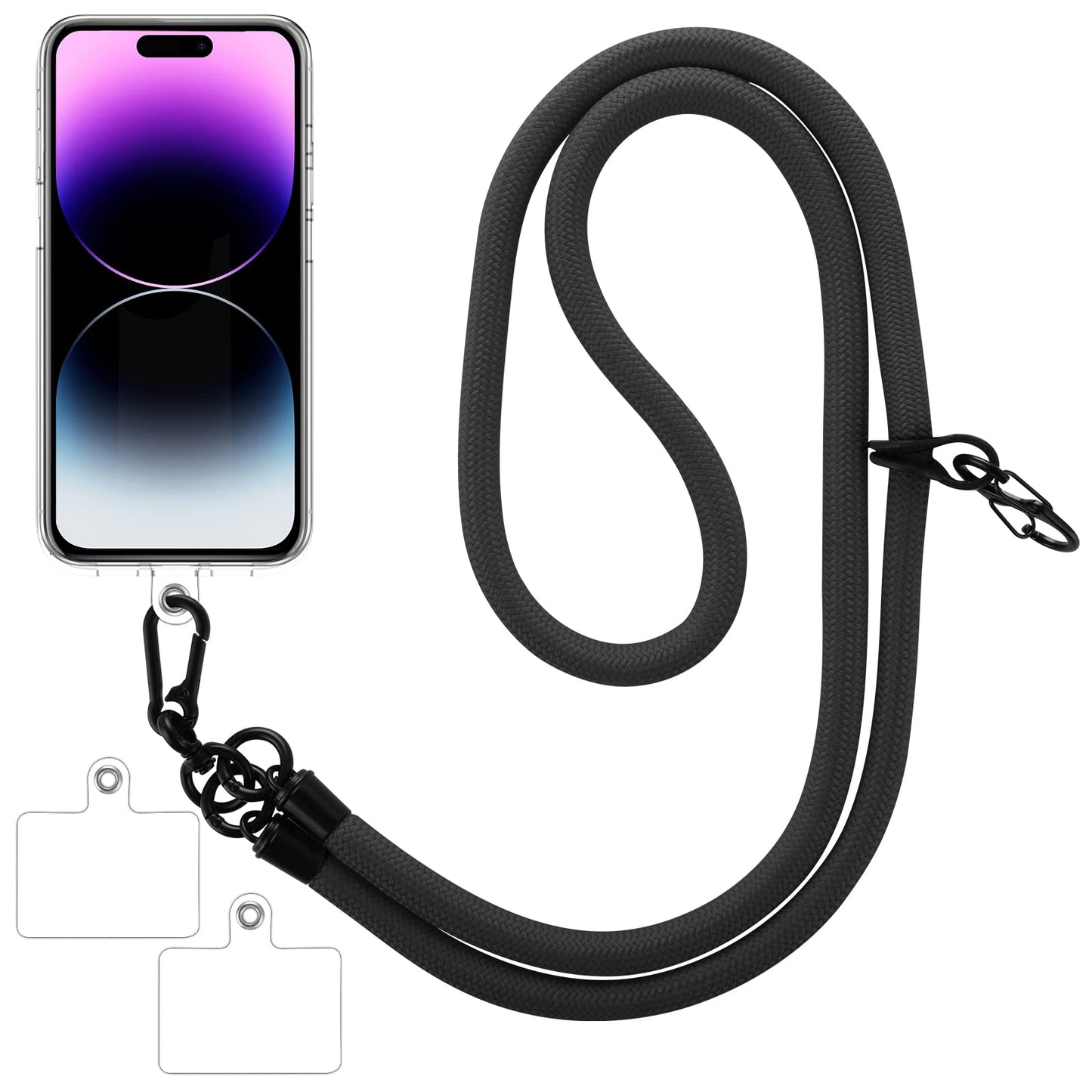 cobee Cell Phone Lanyard, Universal Phone Crossbody Lanyards for Around The Neck with 2pcs Transparent Phone Patch, Adjustable Soft Nylon Shoulder Phone Strap Wrist Strap for Women and Men (Black)