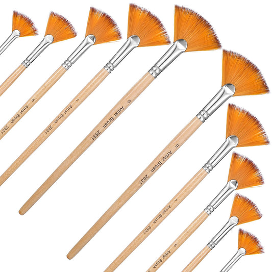 LXUEJIE 10 PCS Fan Brush for Painting, 5 Sizes Professional Artist Acrylic Paint Brushes Set Long Wood Handle Paint Brushes Soft Anti-Shedding Fan Brush for Acrylic Oil Watercolor Gouche Kits
