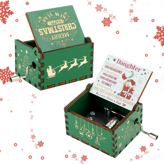 Amaxiu Christmas Music Box Gift, Wooden Hand Crank Music Boxes Mini Vintage Engraved Musical Boxes with Christmas's Theme Merry Christmas Decorations Gifts for New Year (Merry Christmas, D)
