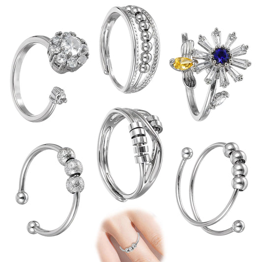 MBAIYO Anti Anxiety Fidget Ring for Women, 6 Pcs Open Adjustable Fidget Rings Anti Anxiety Spinner Ring Bee Flower Bead Rings Cute Relief Items Gift