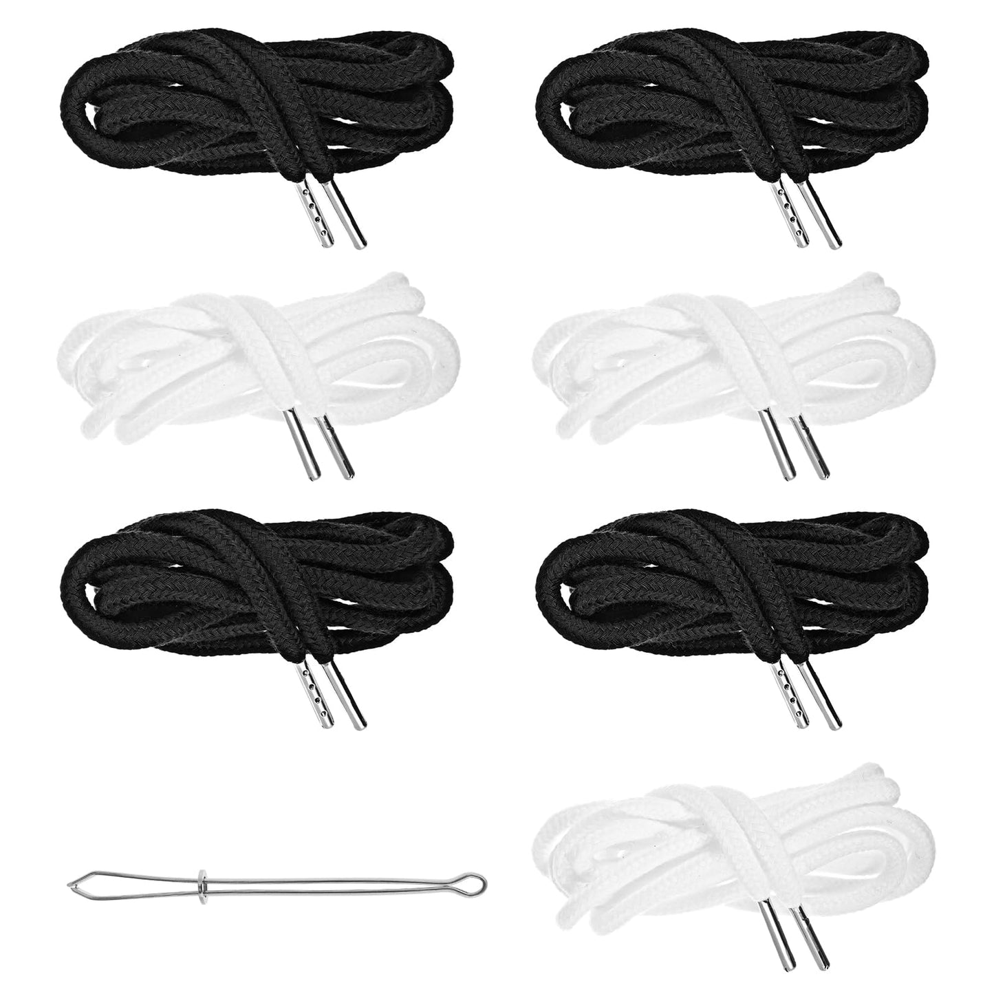 XLIUAX 6PCS Drawstring Cords, 51.1in Replacement Drawstring with Easy Threaders Hoodies Drawcords for Sweatpants Shorts Pants Jackets Coats Trunks(White, Black)