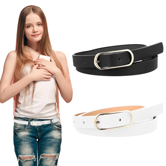 Andibro Adjustable Leather Waist Belt For Kids, Thin Waist Belt Skinny Leather Belts with Alloy Pin Buckle for Girls Boys(Black+White)