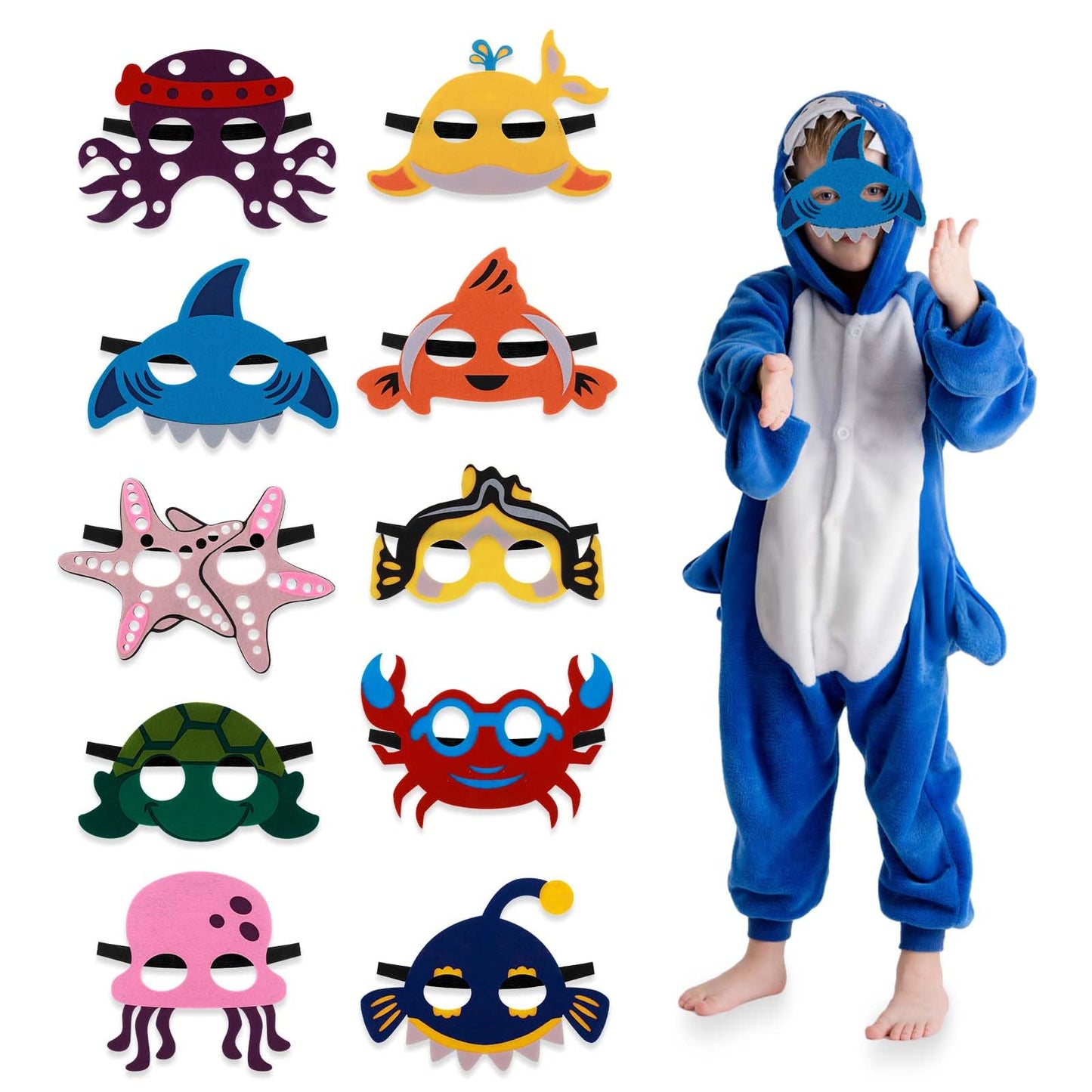 TIESOME Sea Animal Felt Masks, 10 Pack Ocean Animal Masks for Kids Ocean Themed Party Decorations Felt Ocean Animal Masks with Elastic Rope Sea Themed Birthday Party Favors