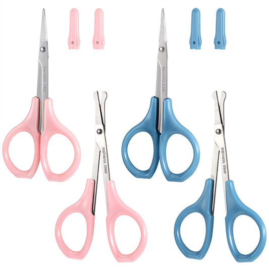 HJZHII 4PCS Eyebrow Scissors, Stainless Steel Mini Scissor Grooming Scissors Facial Hair Trimming Kit with Rounded Fine Tip for Beard Eyebrow Eyelashes Nose Eyelashes Ear Trimming Pet Grooming