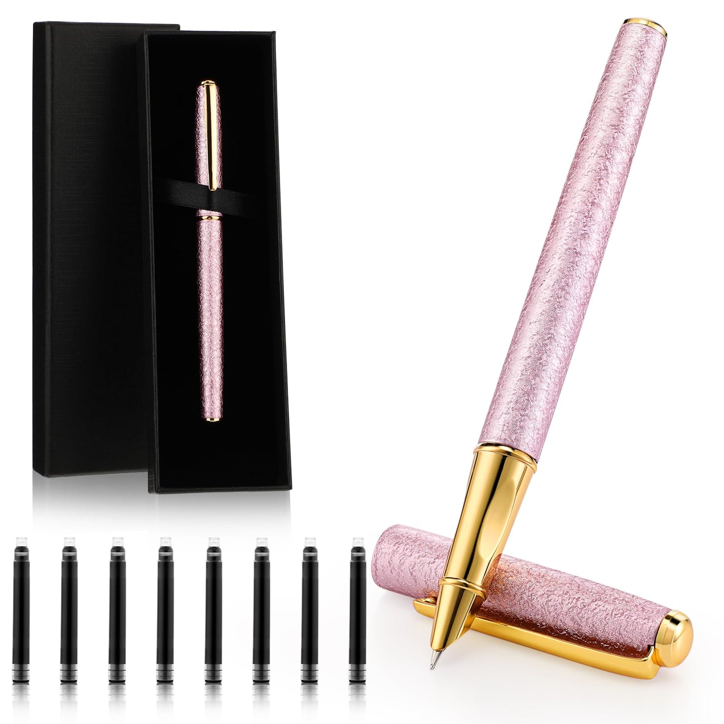 Amabro Metal Fountain Pen Set, 0.5mm Fine Point luxury Pen Calligraphy Pen Smooth Writing Pens with Ink Sac Nice Pen Gift Case for Men Women Professional Executive Office School Journaling(Pink)