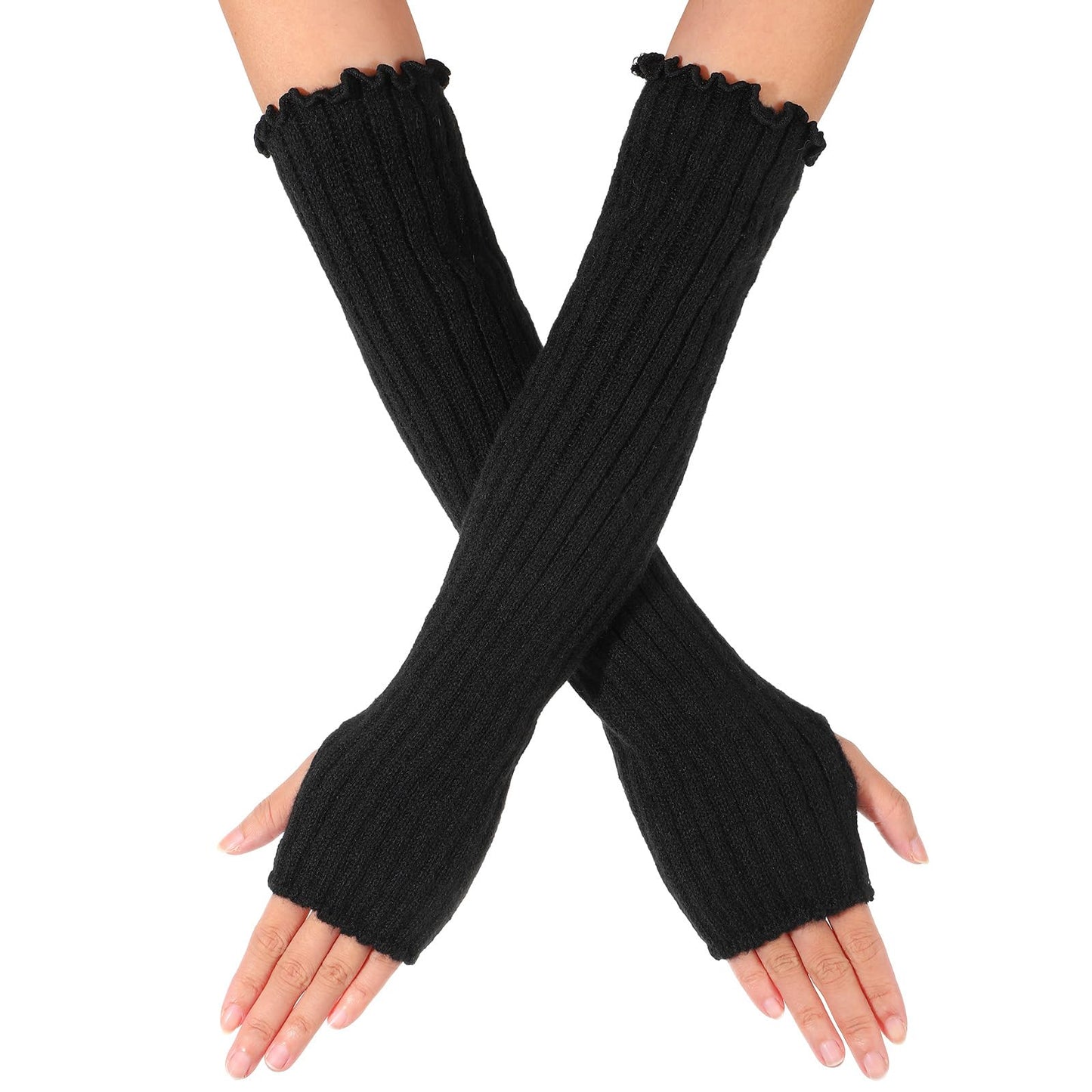 XLIUAX Arm Warmers for Long Sleeve Fingerless, Knit Mitten Gloves Sleeves with Thumb Hole Hip Hop Knitted Wrist Hand Cover(Black)