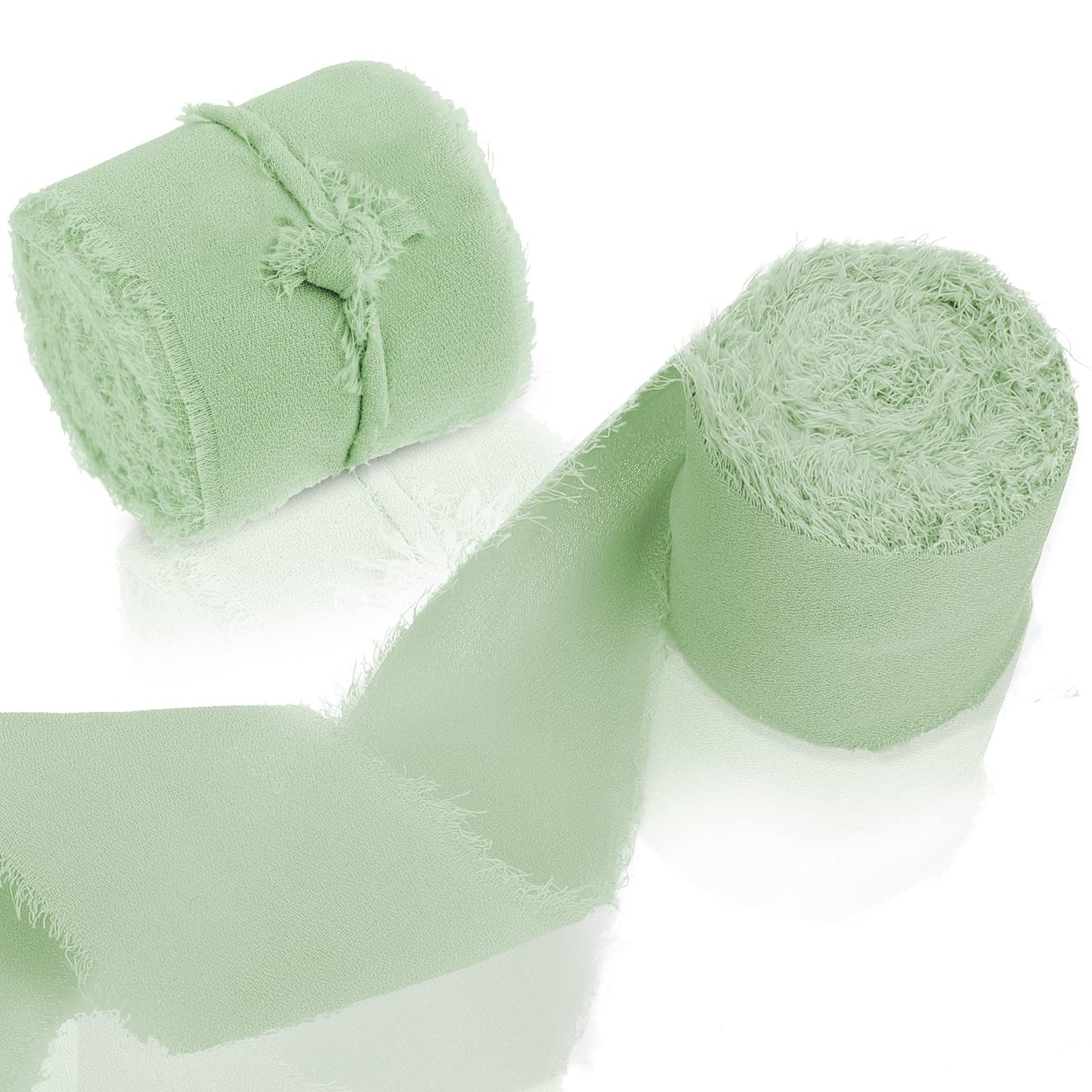 cobee Chiffon Ribbons, 2 Rolls 1.5" x 5.5 Yard Handmade Fringe Chiffon Silk Ribbons Frayed Edges Ribbons Fabric Boho Ribbon for Gift Wrapping Wedding Invitations Flower Arrangement Decor(Light Green)