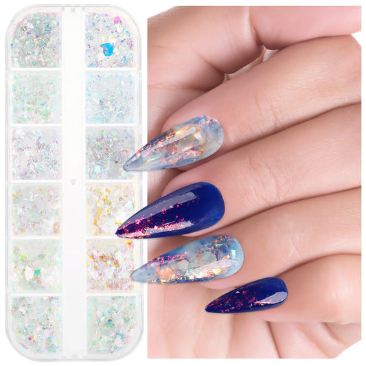 Andibro Mermaid Glitter Nail Art Sequins, 12 Colors Holographic 3D Irregular Nail Art Glitter Flakes Iridescent Ice Slag Nail Sequins Shiny Confetti Nail Foil Flakes Acrylic Nails Supplies for Women