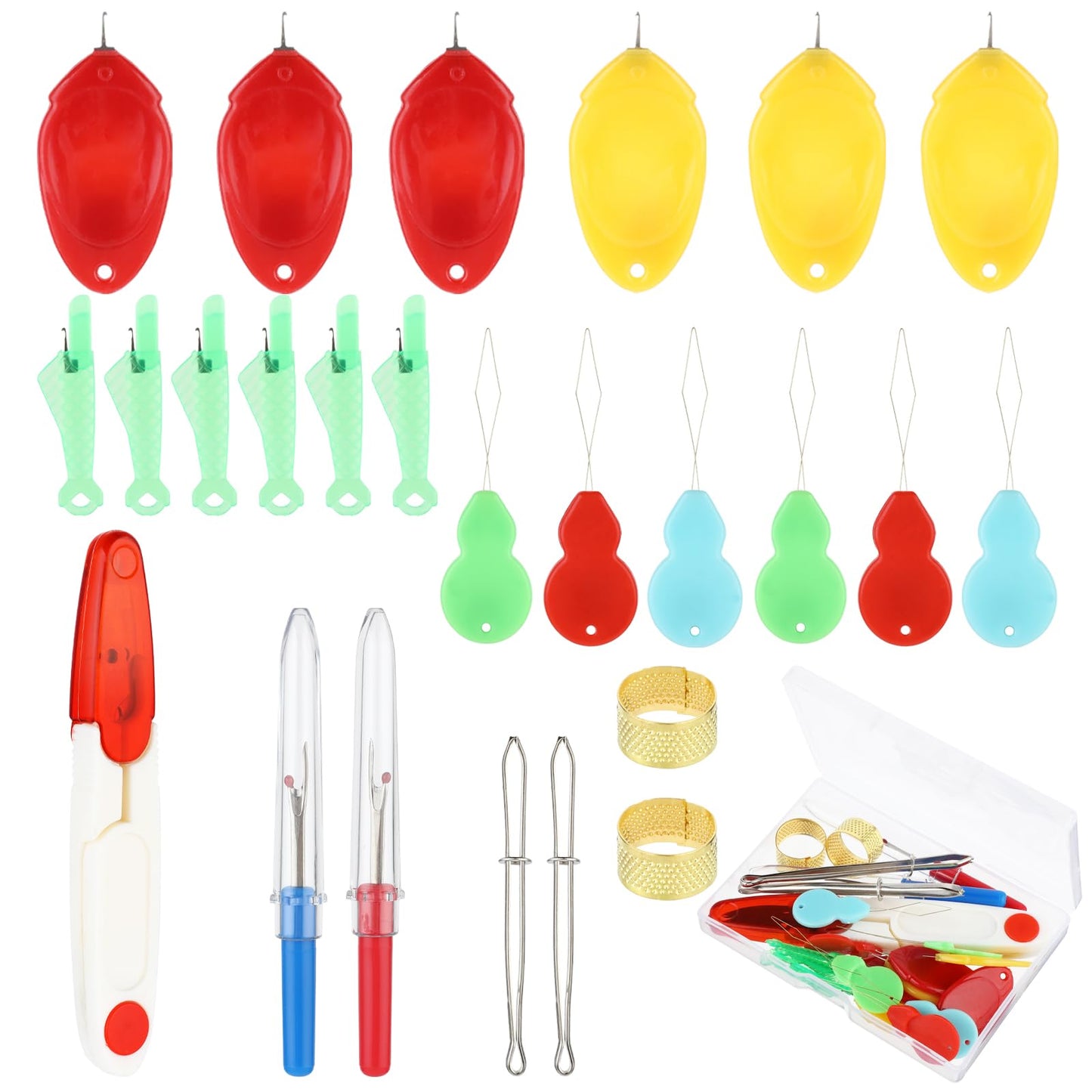 simarro Needle Threaders for Hand Sewing, 25 Pcs Needle Threaders Kit, Include Fish Thumb Gourd Shaped Threaders/Seam Rippers/Sewing Tweezers/Thimble/Scissor (Set A)