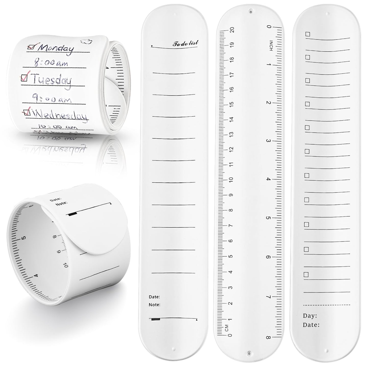Andibro 4 Pcs Silicone Reusable Notepad, Wearable Nurse Memo Wrist Band, Waterproof to Do List Slap Bracelets White Writable Watchband Strap Ruler for Daily Planner Study Task Teacher