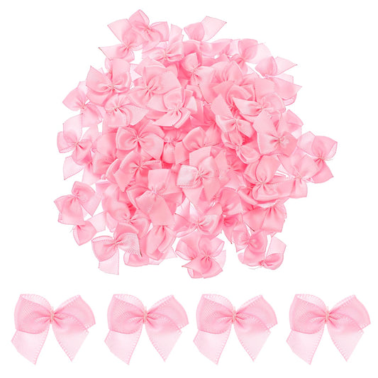 AOZUO 100 Pieces Small Bows for Crafts, Mini Pink Satin Ribbon Bows Flowers Appliques DIY Craft Pre-Tied Wrapping Bow for Sewing Scrapbooking Wedding Gift Christmas Birthday Party Decoration(Pink)