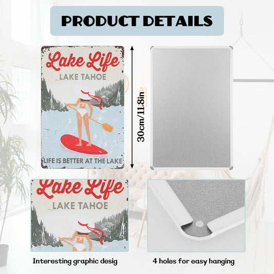 Andibro Lake House Decor Metal Tin Sign, Funny Lake Life Signs 30 X20cm Weatherproof Art Sign Outdoor Indoor Vintage Wall Decor for Home Club Bar Tin Sign