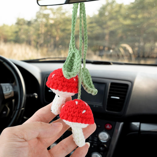 AOZUO Mushroom Car Accessories, Handmade Cute Crochet Car Decor, Rear View Mirror Hanging Charm, Adjustable Woven Rearview Hanging Car Ornament for Women Bag Keychain Home Interior Window Decoration