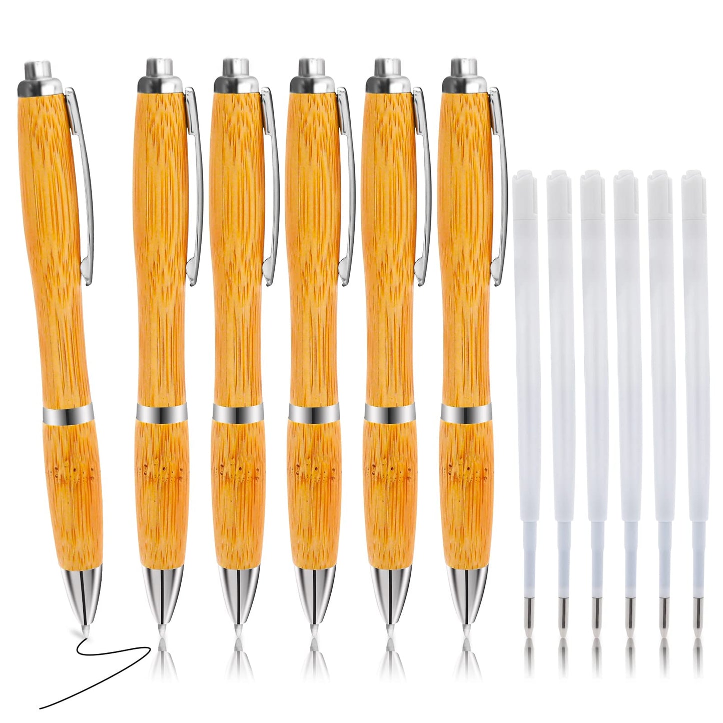 cobee Retractable Bamboo Ballpoint Pen with Refills,1.0mm Natural Bamboo Pen Black Ink Ball point Pens Smooth Writing Journaling Pen School Office Supplies 6 PCS Pens+6 Pcs Refills