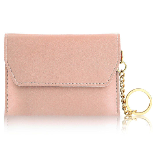 Andibro Leather Card Holder, Handmade Vintage Coin Purse Slim Business Card Case with Metal Keychain Pocket Card Organizer(Pink)