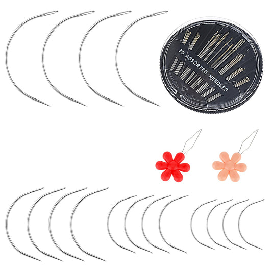 Bewudy 16 Pcs Curved Needles C-Shaped, 30 Pcs Hand Sewing Needles for Sewing Repair with 2 Threaders, Upholstery Weaving Needles Sewing Needles Kit for Leather Repair Carpet