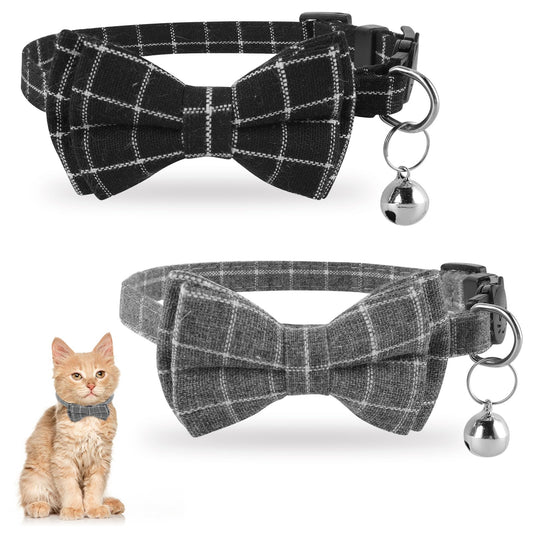 Jeffdad 2Pcs Cat Collar Breakaway, Cat Collar with Bells Bowtie Plaid Cat Collar Adjustable 7.5-12.5 Inch for Kitten Puppy and Small Pets (Black and gray plaid)