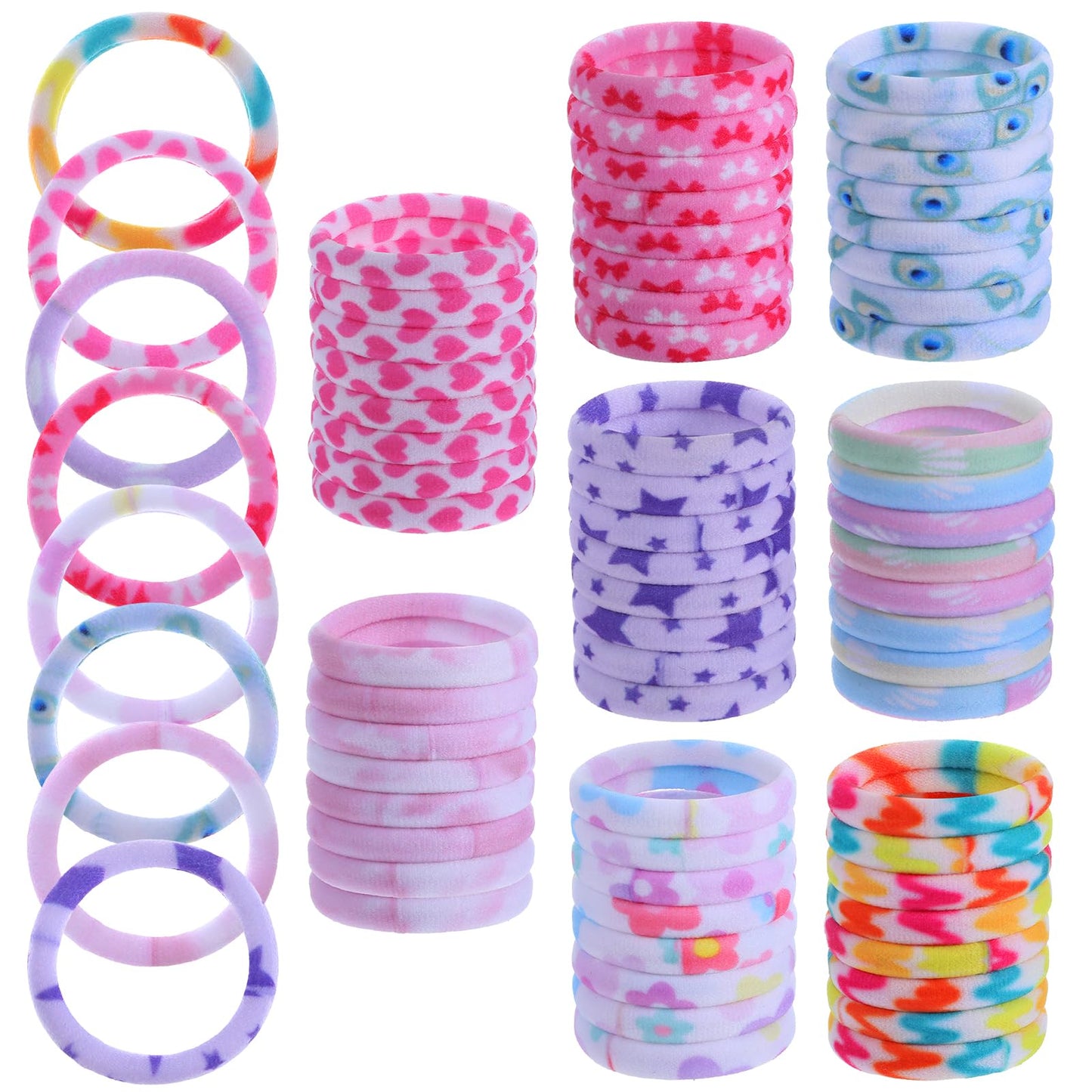 WJIAAA Pack of 64 Hair Bands, Soft Nylon Braid Elastics, 8 Styles, 4-15 cm, Stretchy, for Thick, Straight, Curly Hair, Colourful Colours