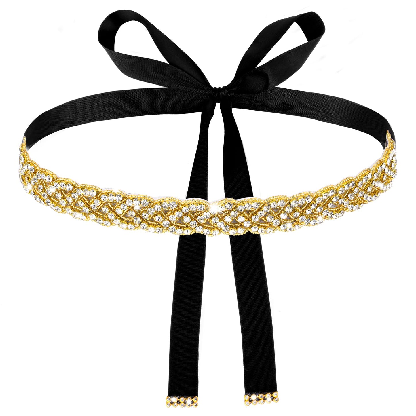 Andibro Handmade Rhinestone Bridal Belt, Gold Bridal Wedding Dress Sash Trim Crystal Belt With Ribbons for Bridal Gowns(Black)