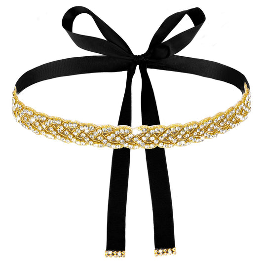 Andibro Handmade Rhinestone Bridal Belt, Gold Bridal Wedding Dress Sash Trim Crystal Belt With Ribbons for Bridal Gowns(Black)