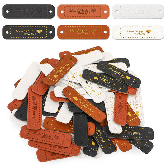Molain 60Pcs Handmade Sewing Labels, PU Leather Labels Sewing Labels for Handmade Items with Hole DIY Sewing Lables for Embellishment Crochet Knitting Hats Craft Supplies (6 Styles)