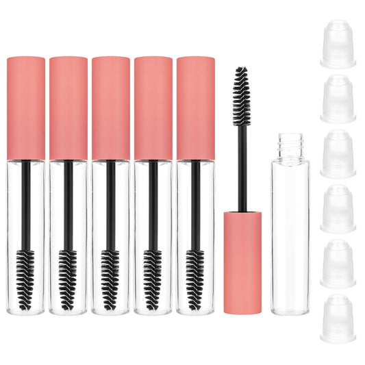 JIEYAO 6 Pcs Empty Mascara Tube and Eyelash Wand, 10ML Castor Oil Dispensers Eyelash Brush, Refillable Plastic Mascara Tubes Eyelash Cream Clear Container Bottle with Rubber Inserts for DIY (Pink)