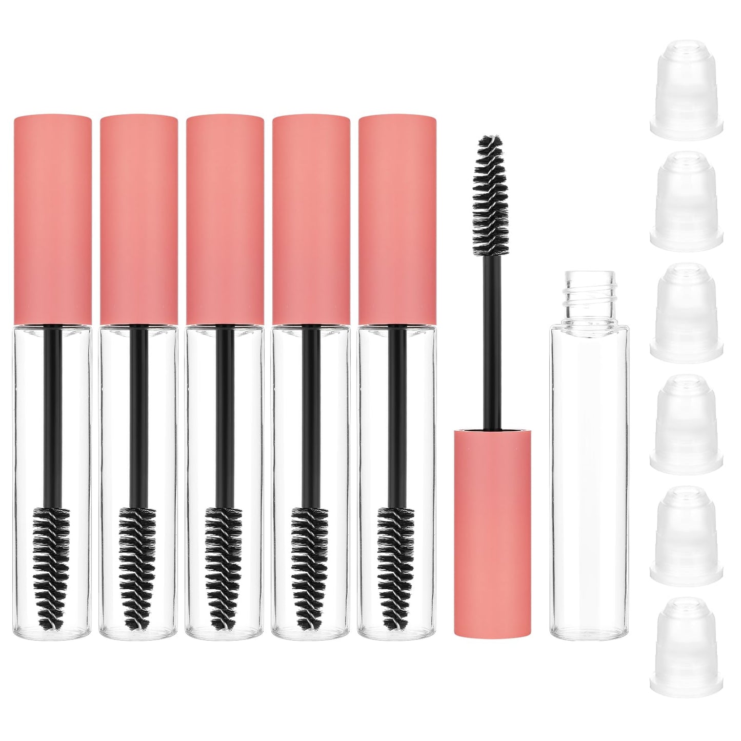 JIEYAO 6 Pcs Empty Mascara Tube and Eyelash Wand, 10ML Castor Oil Dispensers Eyelash Brush, Refillable Plastic Mascara Tubes Eyelash Cream Clear Container Bottle with Rubber Inserts for DIY (Pink)