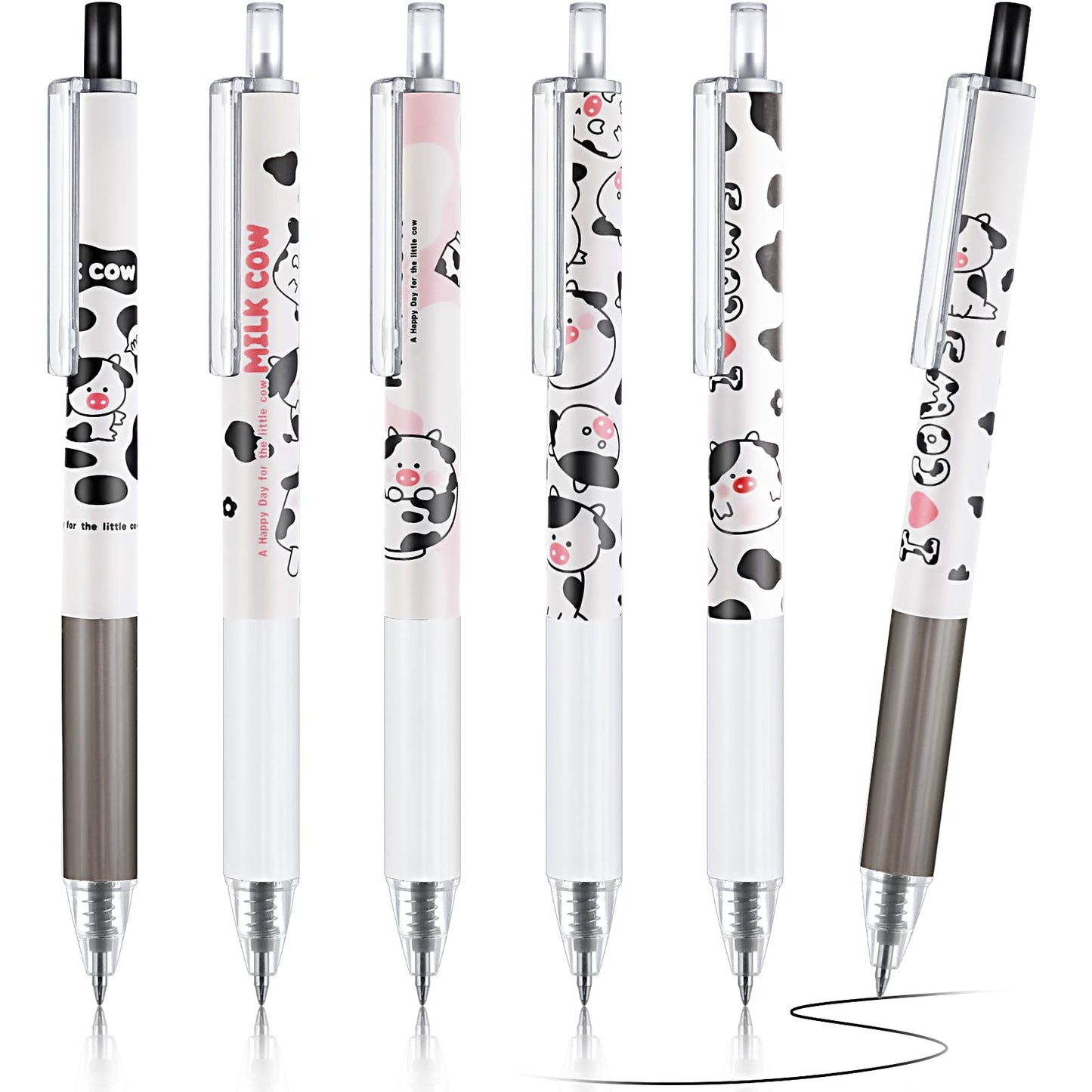 TIESOME Cute Gel Ink Pens, 6 Pcs Milk Cow Kawaii Retractable Ballpoint Pens 0.5mm Black Ink Gel Pens Fine Point School Office Supplies Set Ballpoint Pens For Students Teen Girls Gift