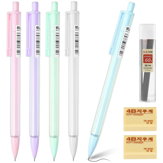 Bewudy 5PCS Pastel Mechanical Pencil with 60 PCS HB Refill & 2 Erasers, Cute Mechanical Pencils 0.5 mm Cartoon Mechanical Pencils for Drawing & Writing for School or Office Supplies